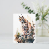 WasserfarbenLynx auf Steinen sitzend Postkarte (Stehend Vorderseite)