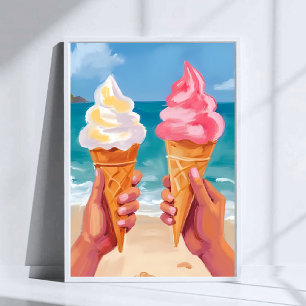 Wasserfarbenmalerei Eiscreme Strand Ozean Poster