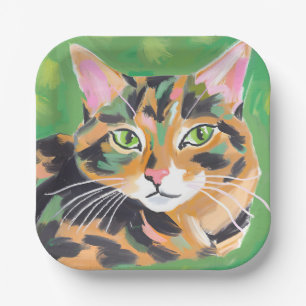 Wasserfarbenmalerei Katze mit Schildpattmuster Pappteller