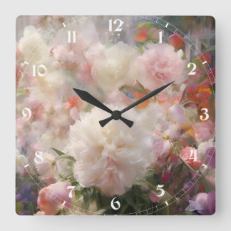 Wasserfarbenmalerei mit weißen und rosa Pfingstro Quadratische Wanduhr