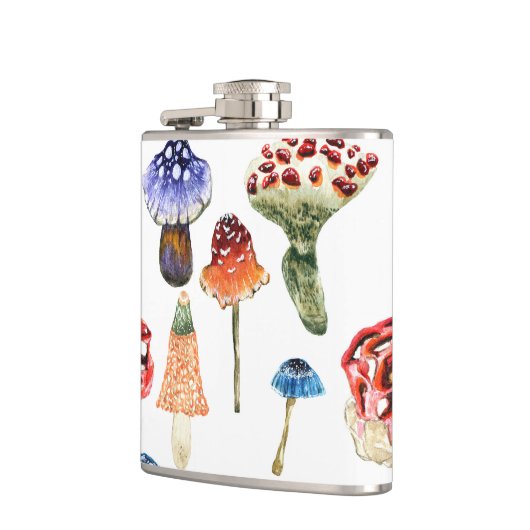 Wasserfarbenmuster mit bunten Pilzen Flachmann (Links)