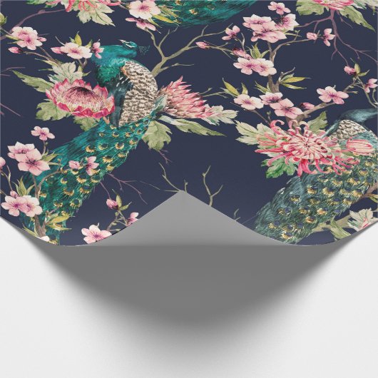 Wasserfarbenmuster Pfau auf einer Baumkirsche,Blum Geschenkpapier (Ecke)