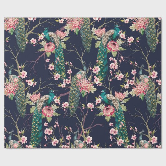 Wasserfarbenmuster Pfau auf einer Baumkirsche,Blum Geschenkpapier (Flach)