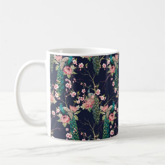 Wasserfarbenmuster Pfau auf einer Baumkirsche,Blum Kaffeetasse (Links)