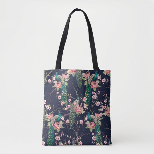 Wasserfarbenmuster Pfau auf einer Baumkirsche,Blum Tasche (Vorderseite)