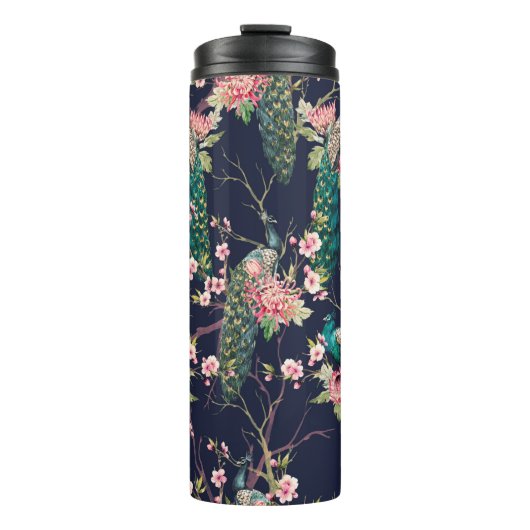 Wasserfarbenmuster Pfau auf einer Baumkirsche,Blum Thermosbecher (Vorderseite)
