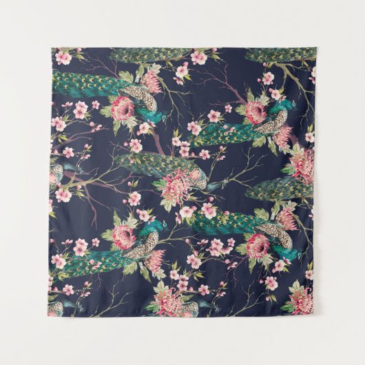 Wasserfarbenmuster Pfau auf einer Baumkirsche,Blum Wandteppich (Vorderseite (Horizontal))