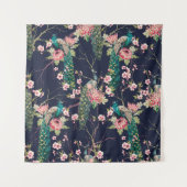 Wasserfarbenmuster Pfau auf einer Baumkirsche,Blum Wandteppich (Vorderseite)