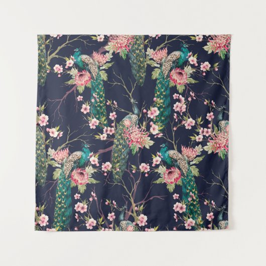 Wasserfarbenmuster Pfau auf einer Baumkirsche,Blum Wandteppich (Vorderseite)