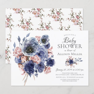 Wasserfarbennavy Blush Floral Baby Dusche Einladung