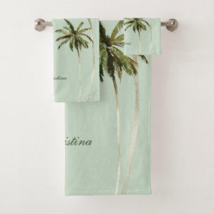 Wasserfarbenpalme Bäume Elegante Typografie Tropis Badhandtuch Set