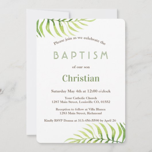 Wasserfarbenpalme Blätter Beach Boy Taufe einladen Einladung (Vorderseite)