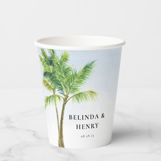 Wasserfarbenpalme Tree Beach Hochzeit Pappbecher (Vorderseite)