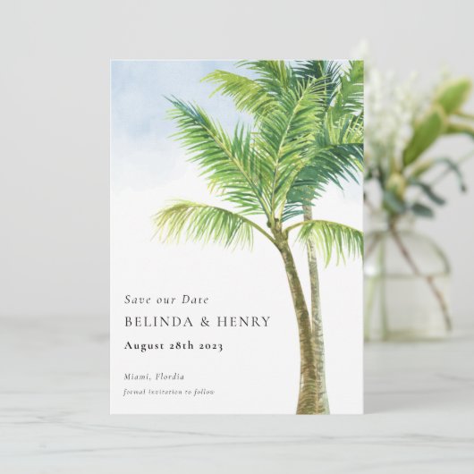 Wasserfarbenpalme Tree Beach Hochzeit Save The Date (Stehend Vorderseite)