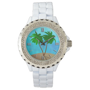 Wasserfarbenpalme Tree Beach Szene Collage Armbanduhr