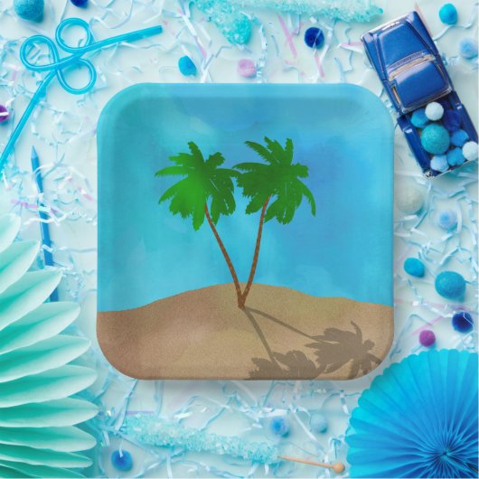 Wasserfarbenpalme Tree Beach Szene Collage Pappteller (Party)