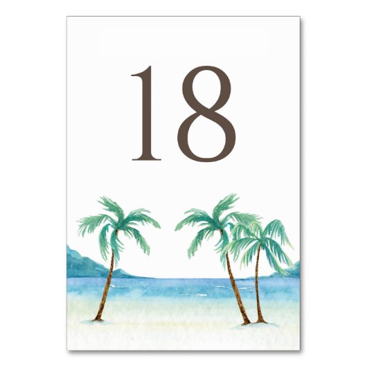 Wasserfarbenpalme Trees Tropical Beach Hochzeit Tischnummer (Vorderseite)