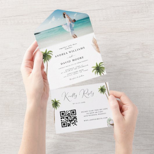 Wasserfarbenpalme Trees Tropical Sand Beach Hochze All In One Einladung (Abreißen)
