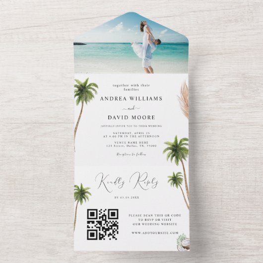 Wasserfarbenpalme Trees Tropical Sand Beach Hochze All In One Einladung (Innen Boden)