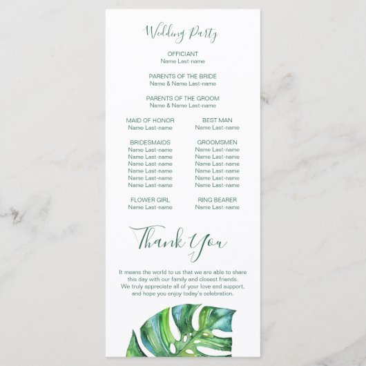 Wasserfarbenpalmenblätter - Hochzeit in Urlaubsort Programm (Rückseite)