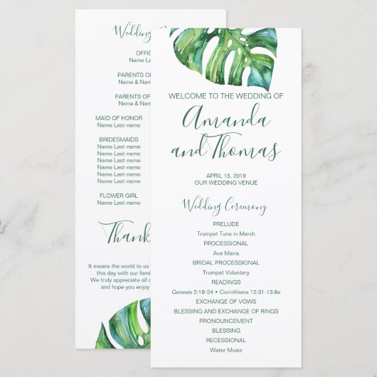 Wasserfarbenpalmenblätter - Hochzeit in Urlaubsort Programm (Vorne/Hinten)