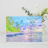 Wasserfarbenpalmenstrand Sonnenuntergang Hochzeit Einladung (Stehend Vorderseite)