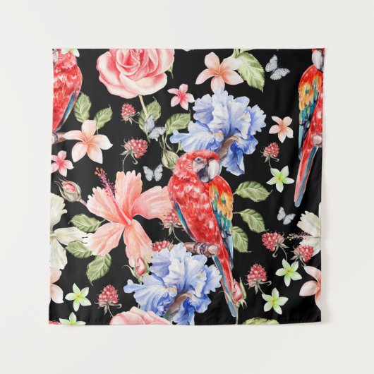 Wasserfarbenparrot: Blumenmuster Romantik. Wandteppich (Vorderseite)