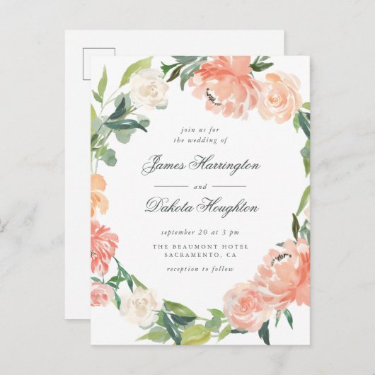 Wasserfarbenpeonies und Eukalyptus Wreath Wedding Einladungspostkarte (Vorne/Hinten)