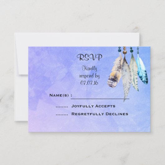 Wasserfarbenperlen 'n Feathers Wedding RSVP (Vorderseite)