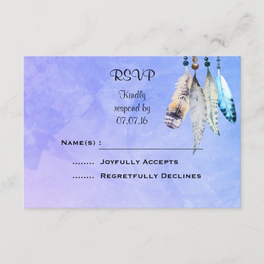 Wasserfarbenperlen 'n Feathers Wedding RSVP (Vorderseite)