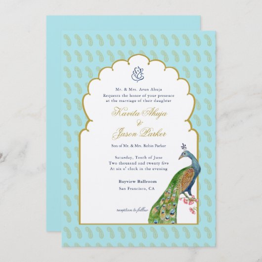 Wasserfarbenpfau & Ganesh Hochzeit Einladung (Vorne/Hinten)