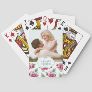 Wasserfarbenpfau & Rote Blume - Hochzeitliches Fot Spielkarten