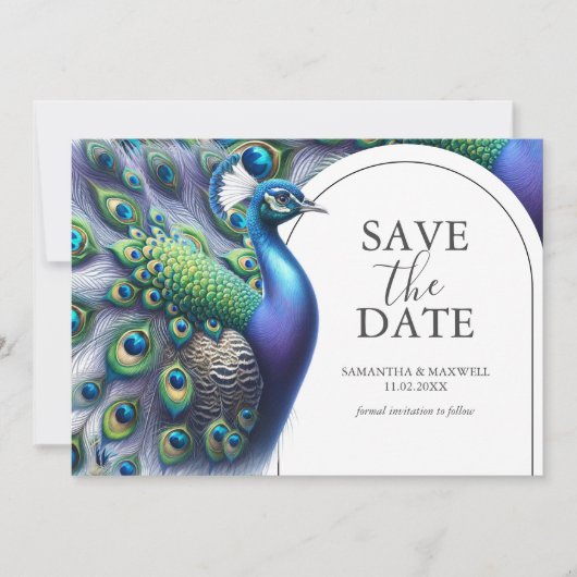 Wasserfarbenpfau Save the Date Einladung (Vorderseite)