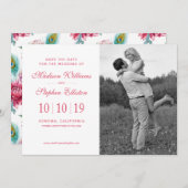 Wasserfarbenpfau und Rote Blume - Save the Date (Vorne/Hinten)