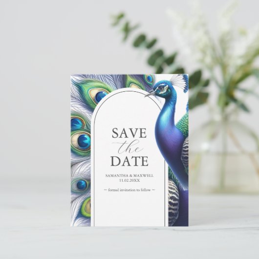 Wasserfarbenpfaue Save the Date Hochzeit (Stehend Vorderseite)