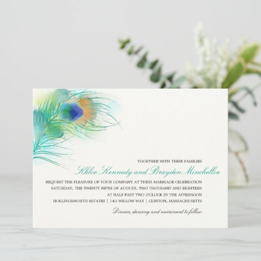 Wasserfarbenpfauenfeder-Hochzeit Einladung (Stehend Vorderseite)