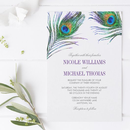 Wasserfarbenpfauenfeder-Hochzeit Einladung
