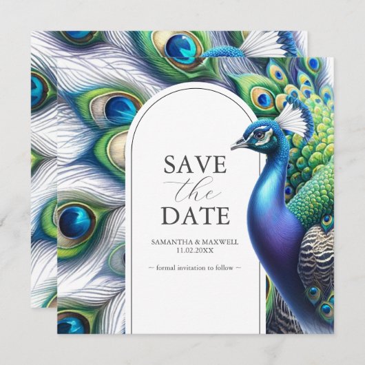 Wasserfarbenpfauenhochzeit speichert die Datumskar Save The Date (Vorne/Hinten)