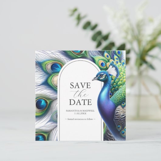 Wasserfarbenpfauenhochzeit speichert die Datumskar Save The Date (Stehend Vorderseite)