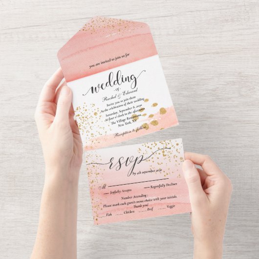 Wasserfarbenpfirsichpfirsichpfirsichpflücke in ein all in one einladung (Abreißtisch)