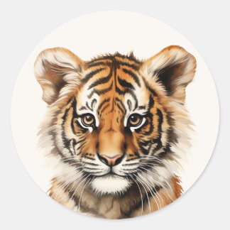 Wasserfarbenportrait eines kleinen Tiger Runder Aufkleber