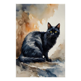 Wasserfarbenportrait Schwarze Katze Pose Poster