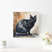 Wasserfarbenportrait Schwarze Katze Pose Quadratische Wanduhr (Zuhause)