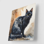 Wasserfarbenportrait Schwarze Katze Pose Quadratische Wanduhr (Winkel)