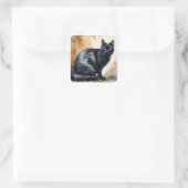 Wasserfarbenportrait Schwarze Katze Pose Quadratischer Aufkleber (Tasche)