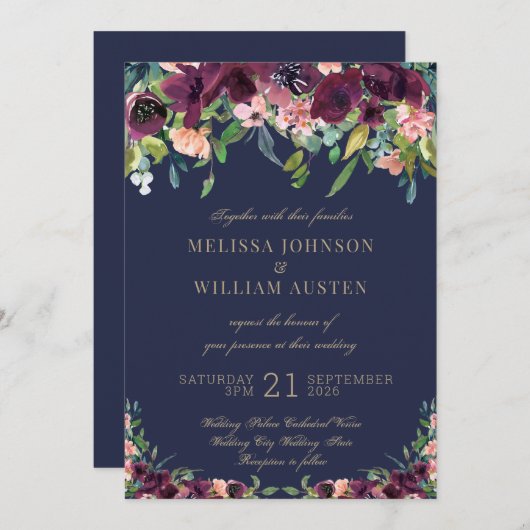 Wasserfarbenprächtige Hochzeit mit blauem Gold Bur Einladung (Vorne/Hinten)