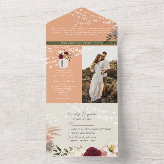 Wasserfarbenprächtige Hochzeit von Burgund und Pea All In One Einladung (Innen Boden)