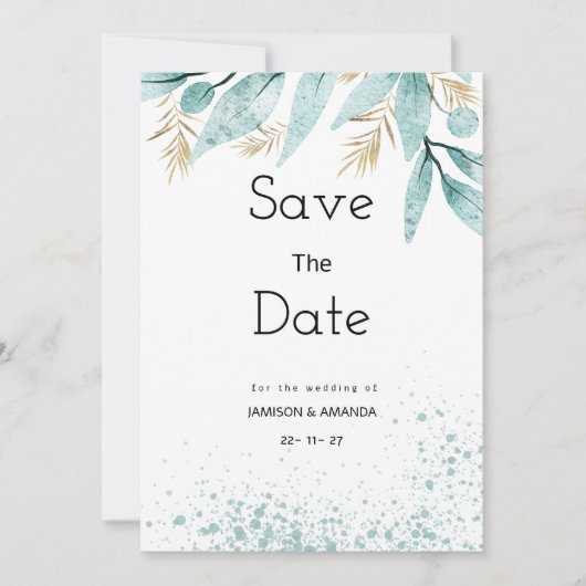 Wasserfarbenprägung, grünes Blattgold Save the Dat Einladung (Vorderseite)