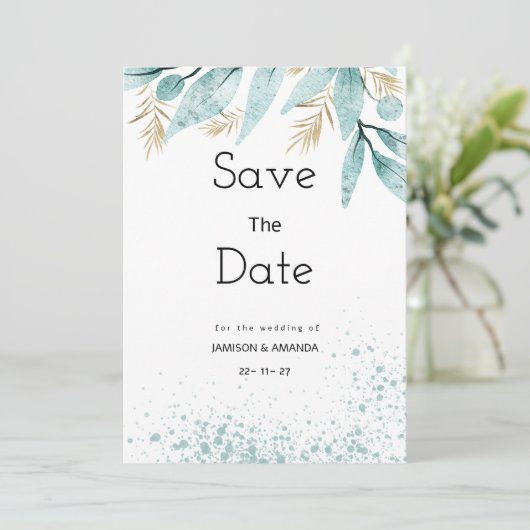 Wasserfarbenprägung, grünes Blattgold Save the Dat Einladung (Stehend Vorderseite)