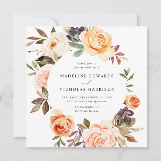 Wasserfarbenprägung Rustikaler Fall Blumenhochzeit Einladung (Vorderseite)